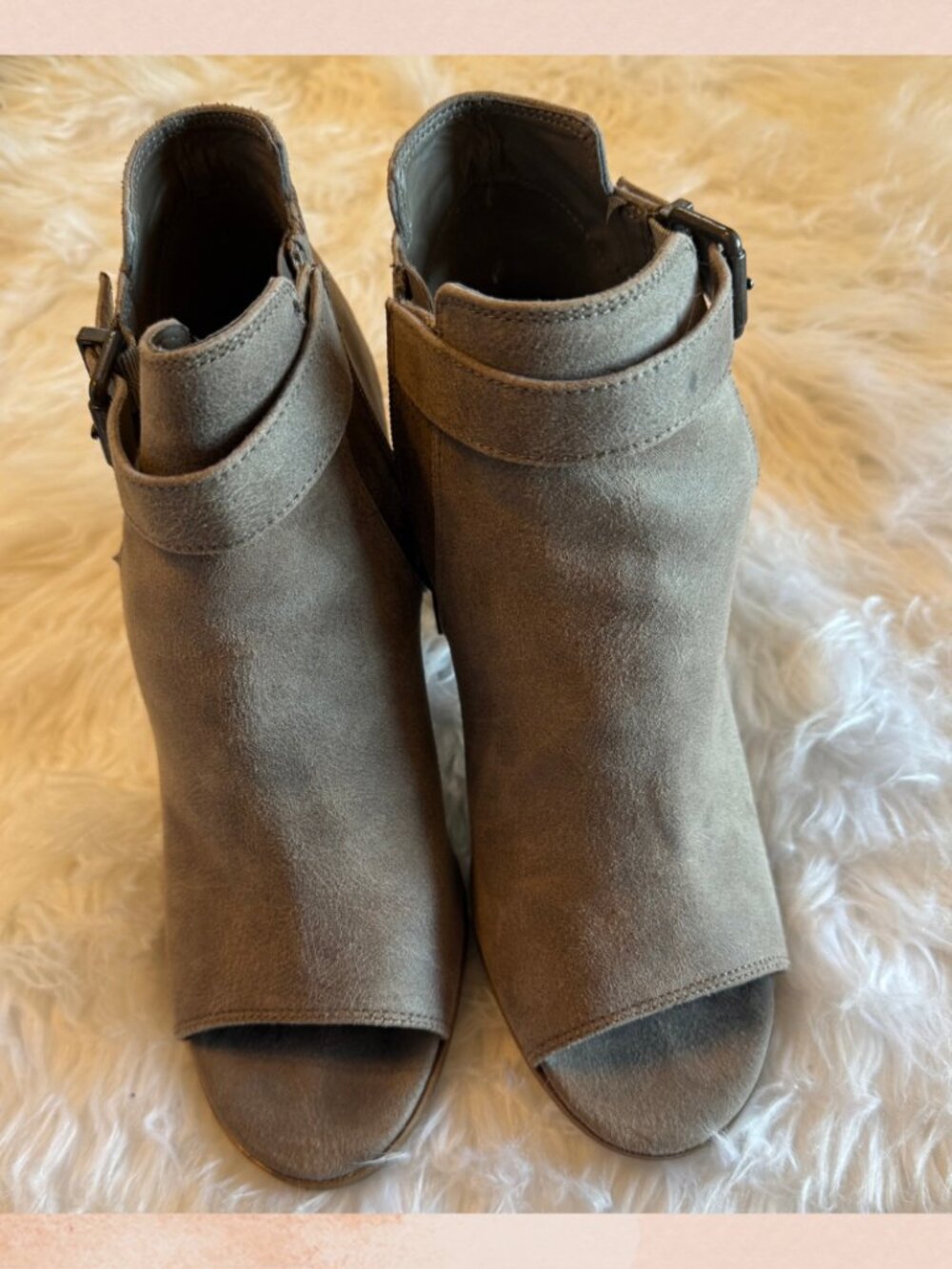 Fergalicious Taupe RETRO Peep Toe Cut-Out Stacked Heel Booties